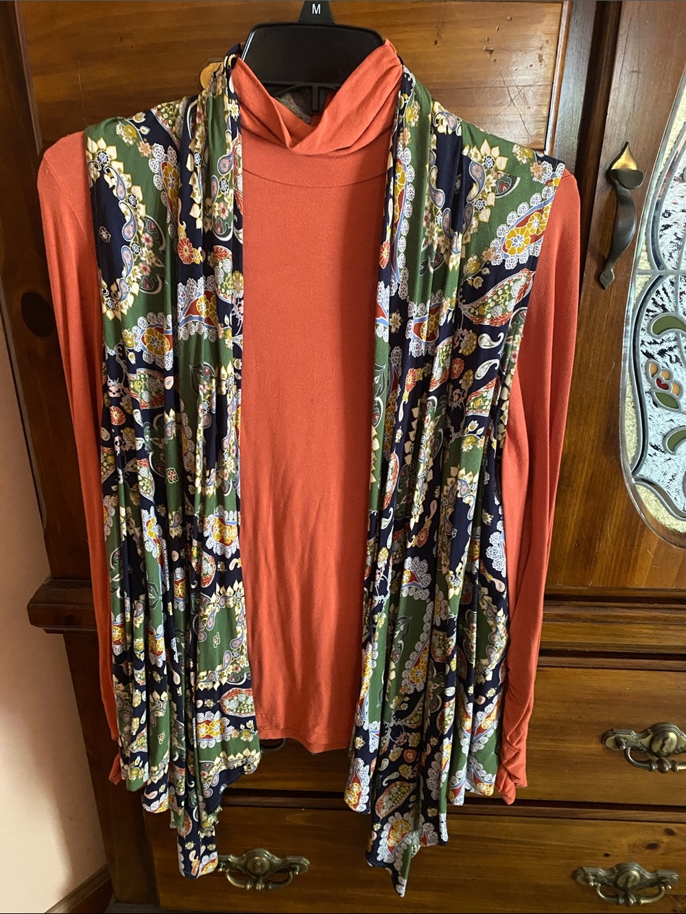 Rust Orange Turtleneck with Paisley Open Front lightweight cardigan.